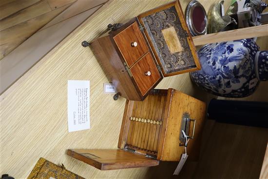 A Regency rosewood tea caddy, width 20cm and a Victorian pine slide cabinet (empty)